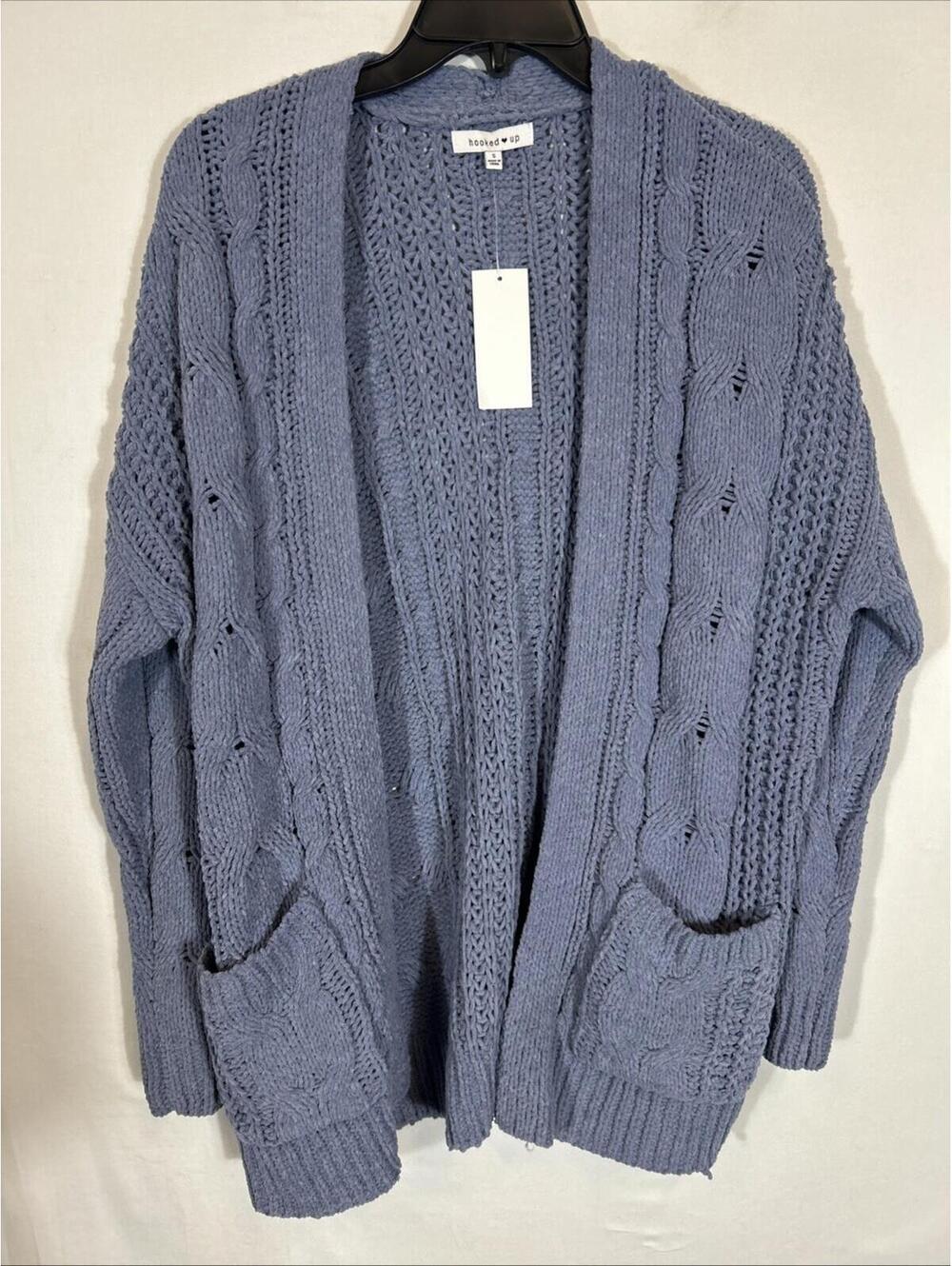 $44 Hooked Up By Lot Chenille Cable Cardigan Features a Cozy Rustic Blue Knit S